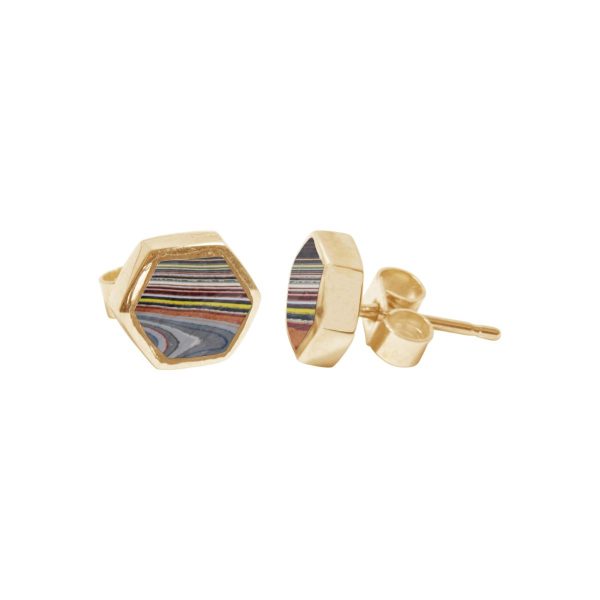 Gold Fordite Hexagonal Stud Earrings