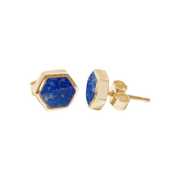 Gold Lapis Hexagonal Stud Earrings