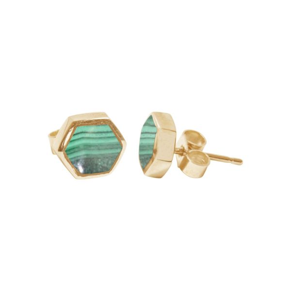 Gold Malachite Hexagonal Stud Earrings