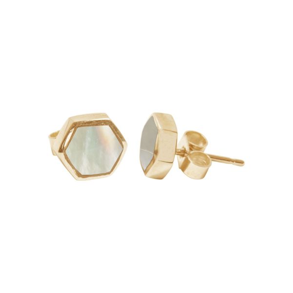 Gold Mother of Pearl Hexagonal Stud Earrings