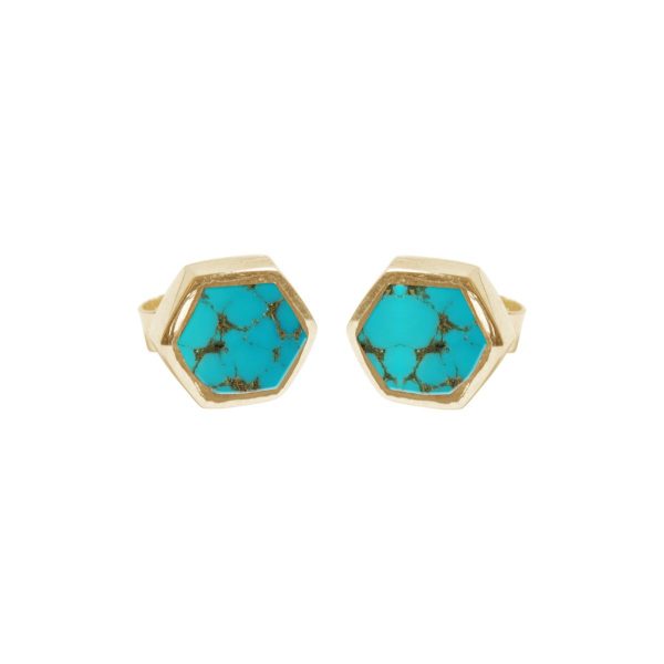 Gold Turquoise Hexagonal Stud Earrings