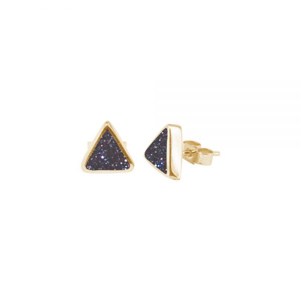 Yellow Gold Blue Goldstone Triangular Stud Earrings