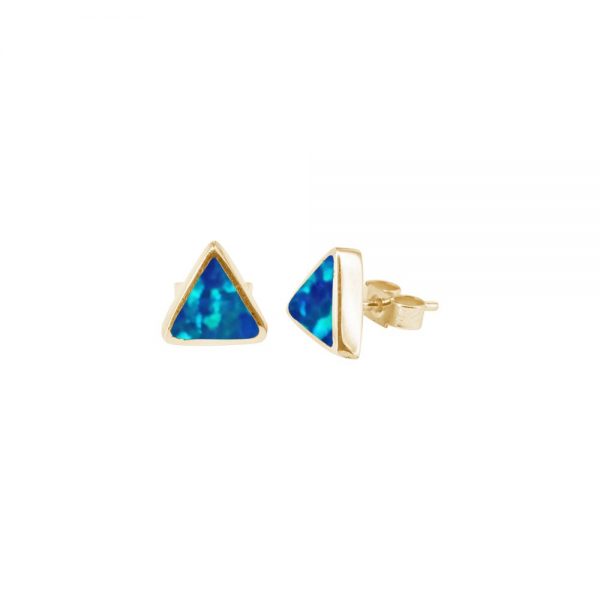 Yellow Gold Opalite Cobalt Blue Triangular Stud Earrings