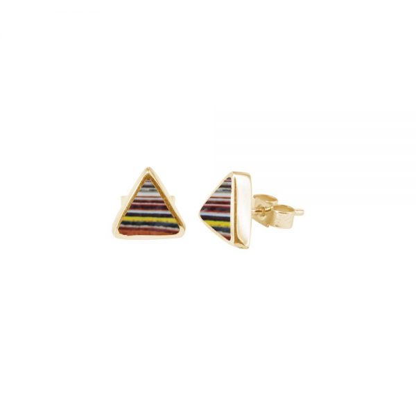 Yellow Gold Fordite Triangular Stud Earrings