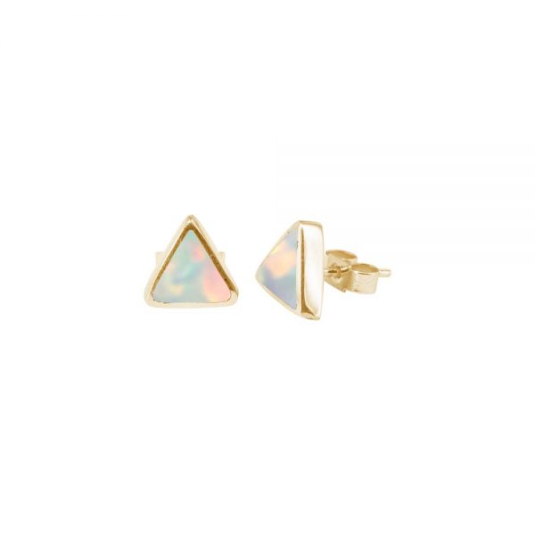 Yellow Gold Opalite Sun Ice Triangular Stud Earrings