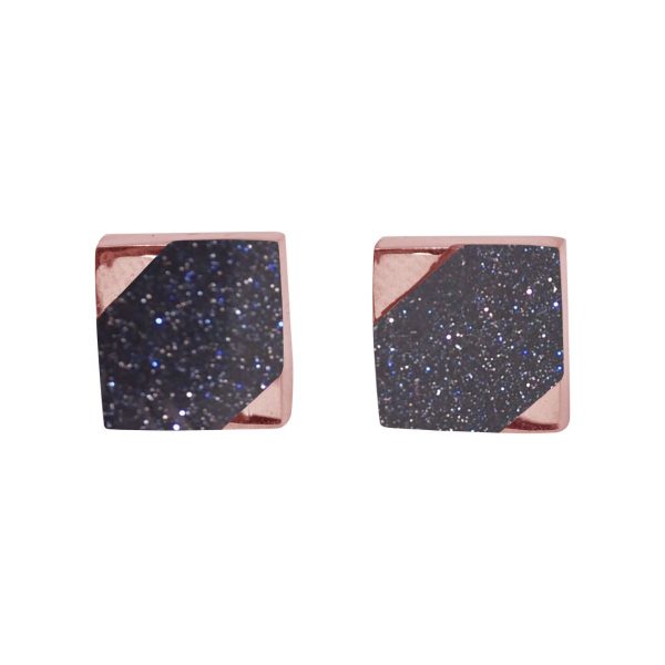 Rose Gold Blue Goldstone Square Stud Earrings