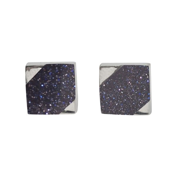 Silver Blue Goldstone Square Stud Earrings