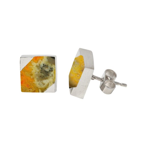 Silver Bumblebee Jasper Square Stud Earrings