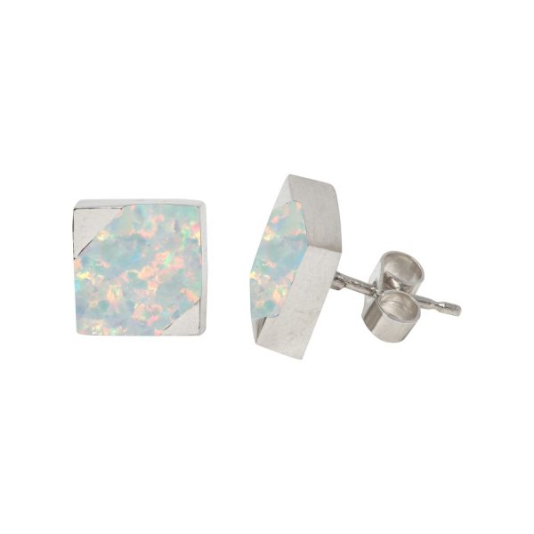 Silver Opalite Sun Ice Square Stud Earrings