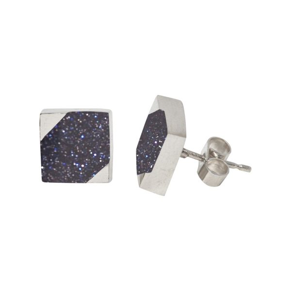 White Gold Blue Goldstone Square Stud Earrings