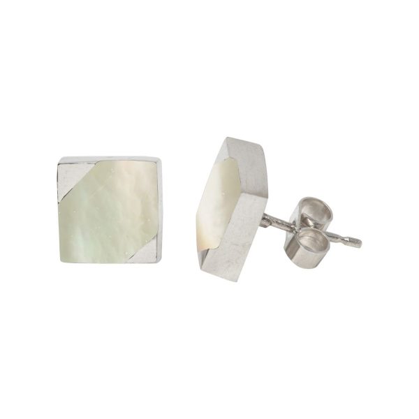 White Gold Mother of Pearl Square Stud Earrings