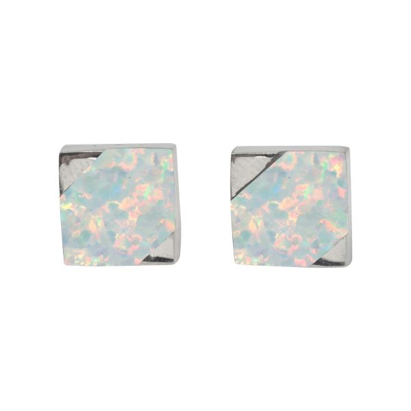 White Gold Opalite Sun Ice Square Stud Earrings
