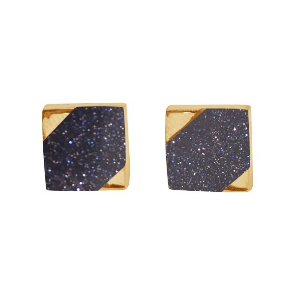 Gold Blue Goldstone Square Stud Earrings