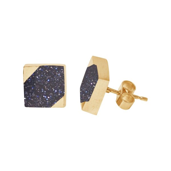 Gold Blue Goldstone Square Stud Earrings