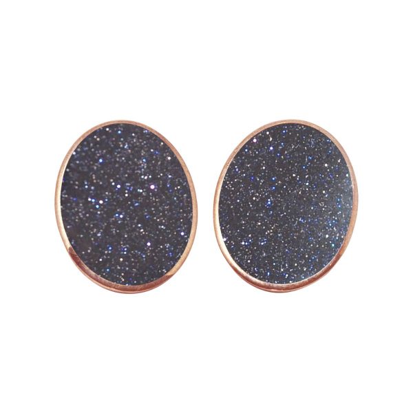 Rose Gold Blue Goldstone Oval Clip Earrings