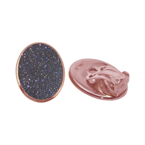 Rose Gold Blue Goldstone Oval Clip Earrings