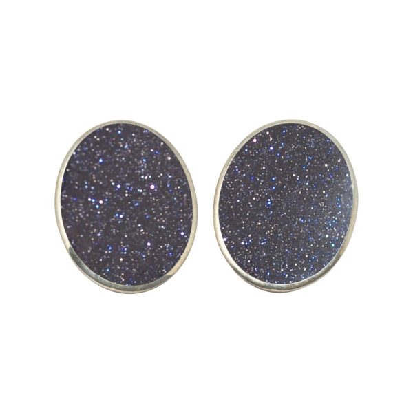 Silver Blue Goldstone Oval Clip Earrings