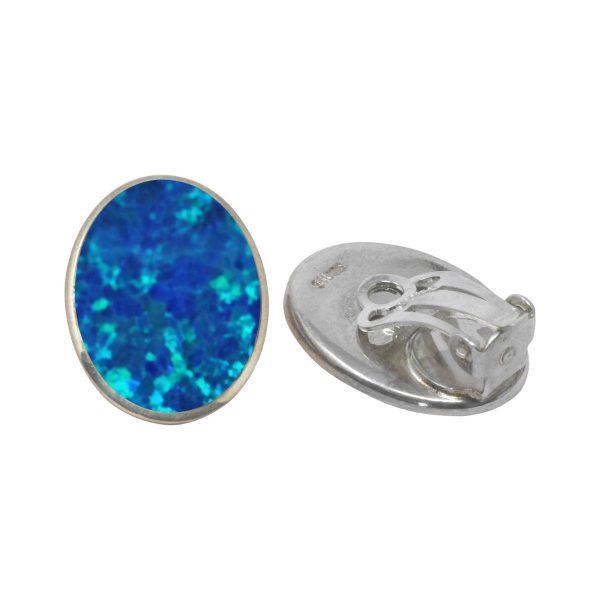 Silver Opalite Cobalt Blue Oval Clip Earrings