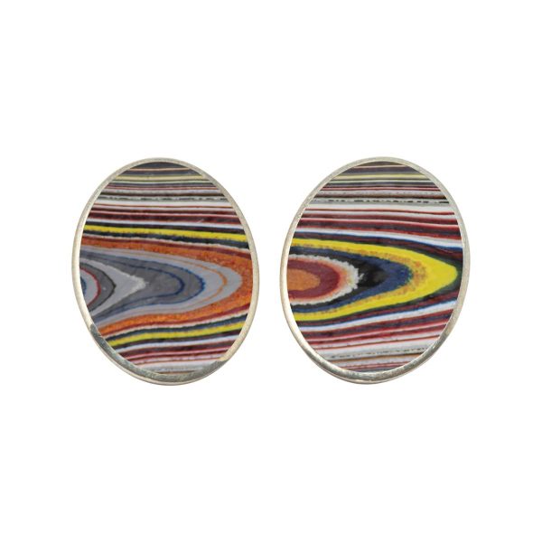 Silver Fordite Oval Clip Earrings