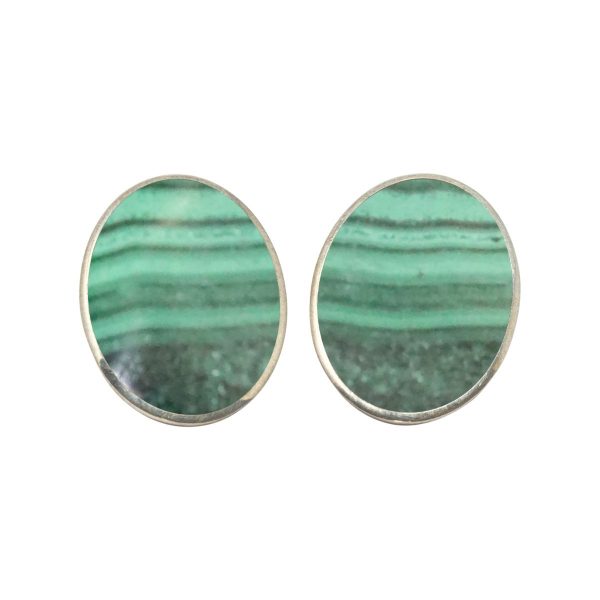 Silver Malachite Oval Clip Earrings