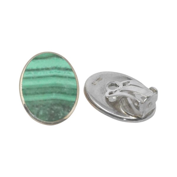 Silver Malachite Oval Clip Earrings