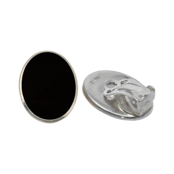 Silver Whitby Jet Oval Clip Earrings