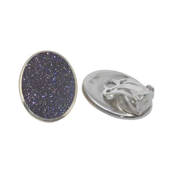 White Gold Blue Goldstone Oval Clip Earrings