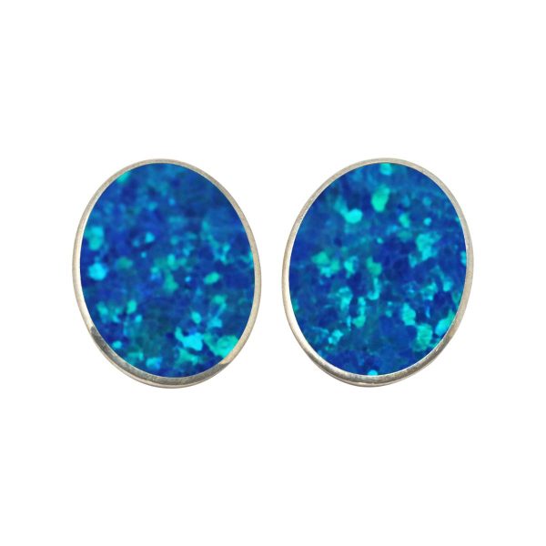 White Gold Opalite Cobalt Blue Oval Clip Earrings