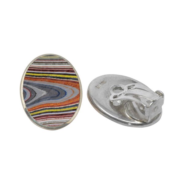 White Gold Fordite Oval Clip Earrings