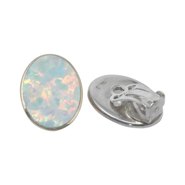 White Gold Opalite Sun Ice Oval Clip Earrings