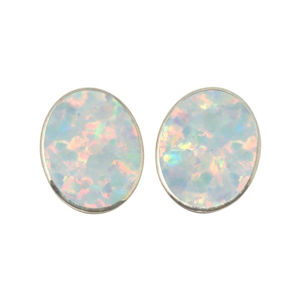 White Gold Opalite Sun Ice Oval Clip Earrings