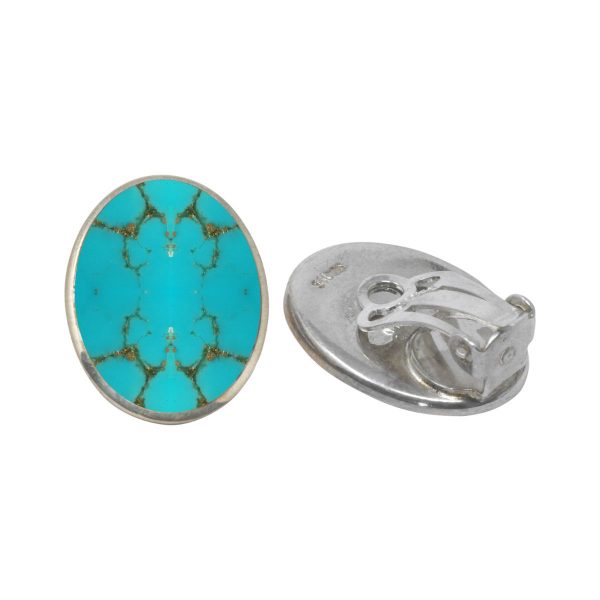 White Gold Turquoise Oval Clip Earrings