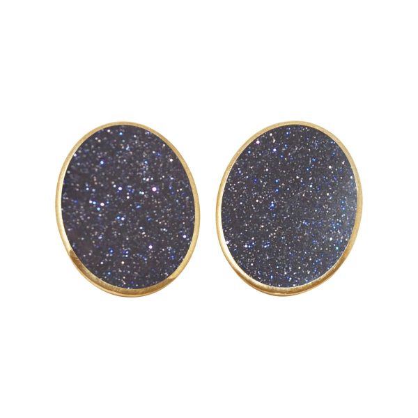 Yellow Gold Blue Goldstone Oval Clip Earrings