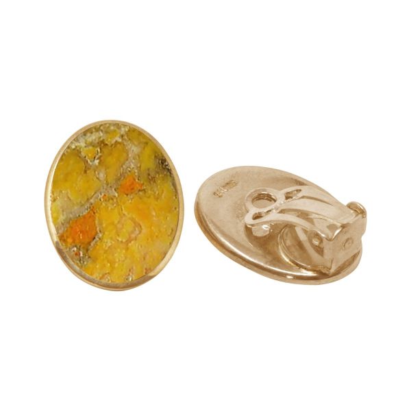 Yellow Gold Bumblebee Jasper Oval Clip Earrings