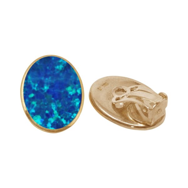 Yellow Gold Opalite Cobalt Blue Oval Clip Earrings