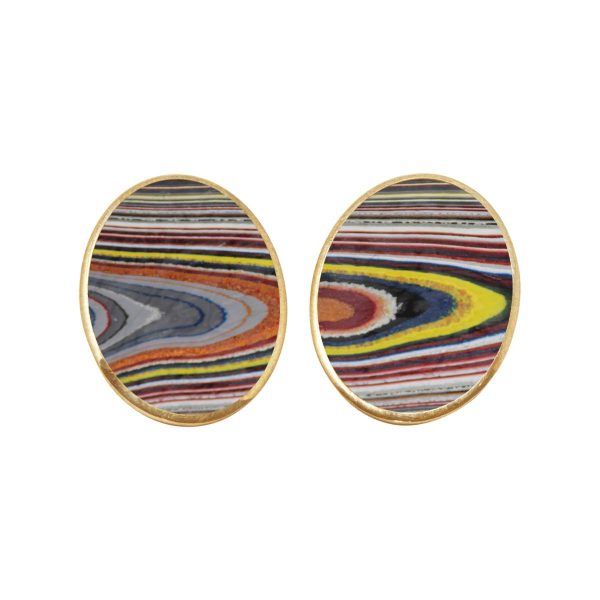 Yellow Gold Fordite Oval Clip Earrings