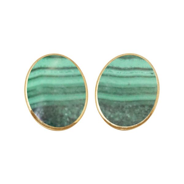 Yellow Gold Malachite Oval Clip Earrings