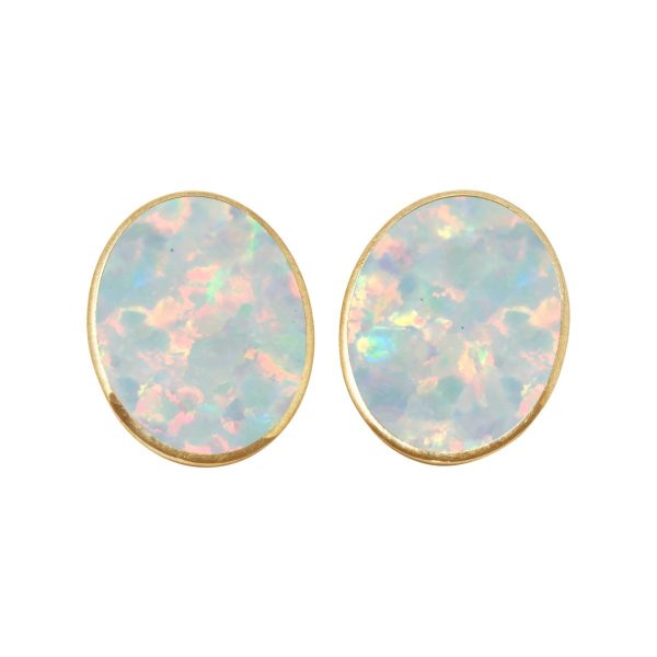 Yellow Gold Opalite Sun Ice Oval Clip Earrings