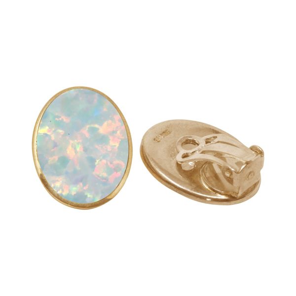 Yellow Gold Opalite Sun Ice Oval Clip Earrings