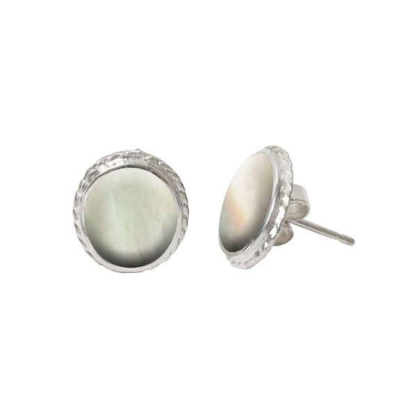 White Gold Mother of Pearl Oval Stud Earrings