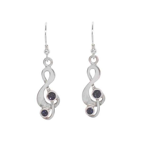 White Gold Blue Goldstone Treble Clef Drop Earrings