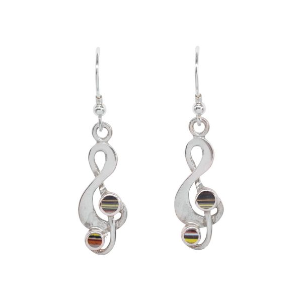 White Gold Fordite Treble Clef Drop Earrings