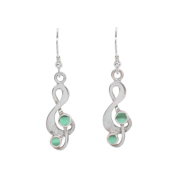 White Gold Malachite Treble Clef Drop Earrings