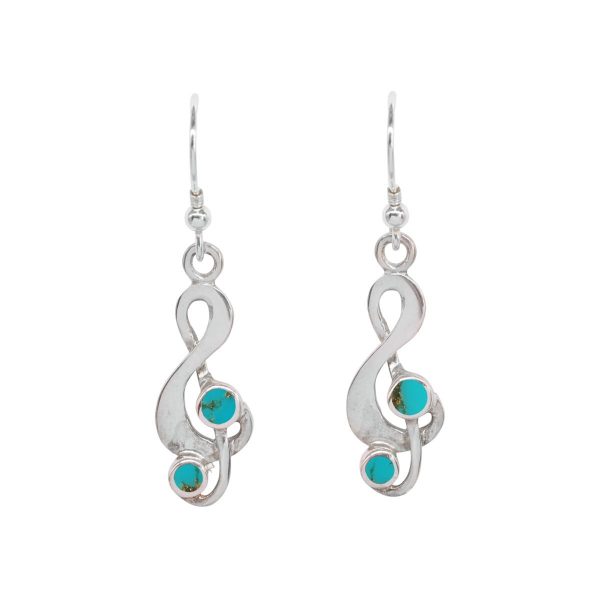 White Gold Turquoise Treble Clef Drop Earrings