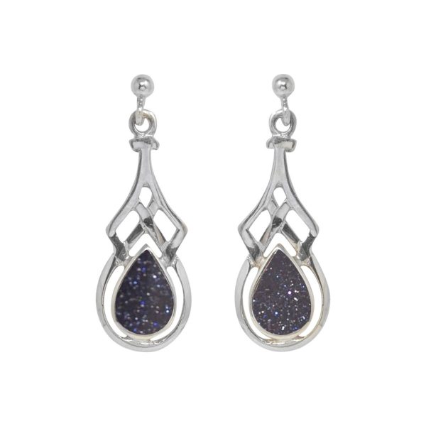 White Gold Blue Goldstone Celtic Drop Earrings