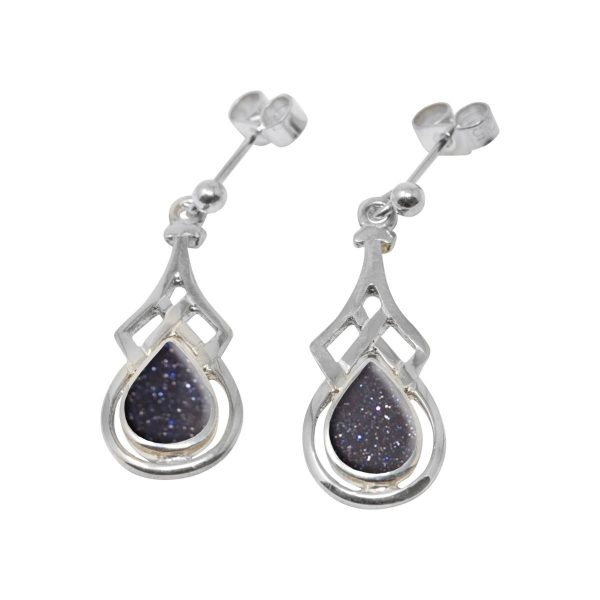 White Gold Blue Goldstone Celtic Drop Earrings