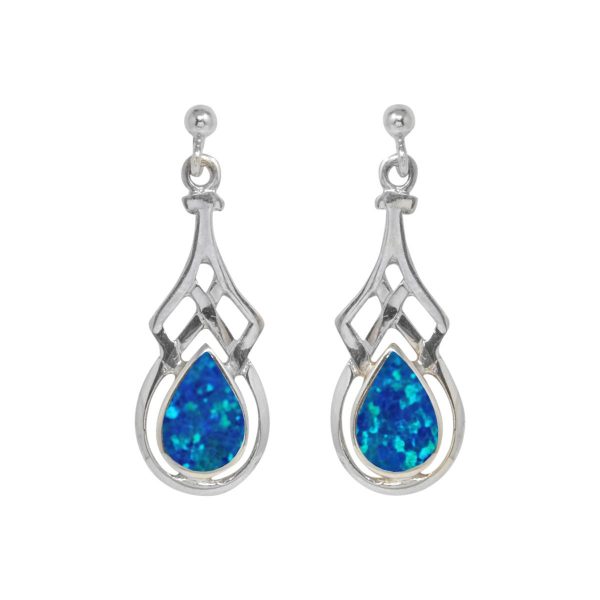 White Gold Opalite Cobalt Blue Celtic Drop Earrings