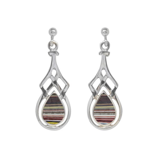 White Gold Fordite Celtic Drop Earrings