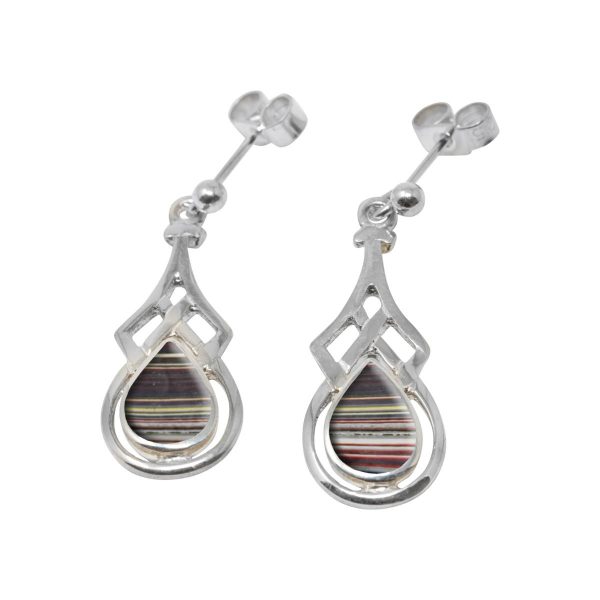 White Gold Fordite Celtic Drop Earrings