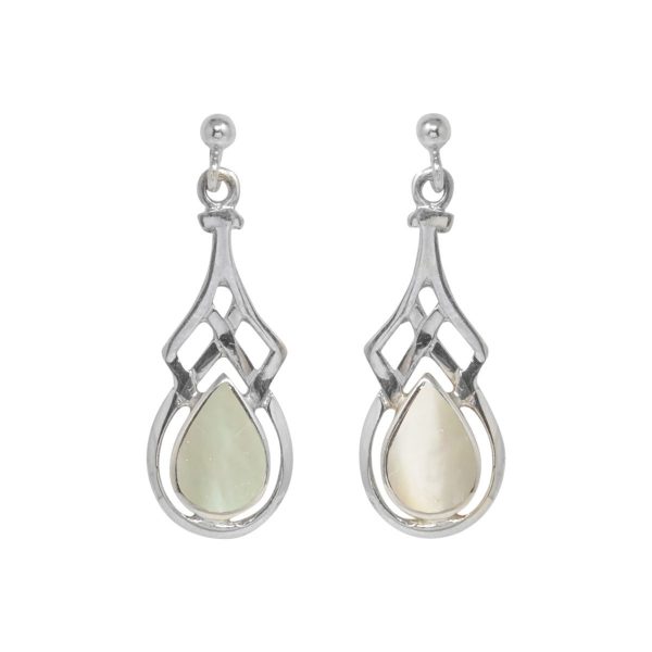 White Gold Mother of Pearl Celtic Drop Earrings